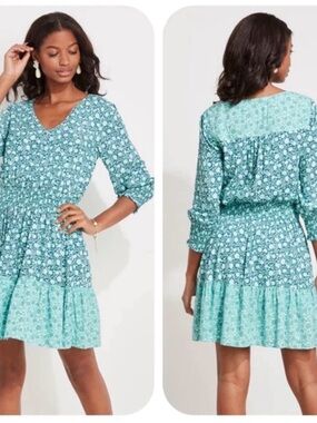 Vineyard Vines Teal Floral V-Neck Mini Dress